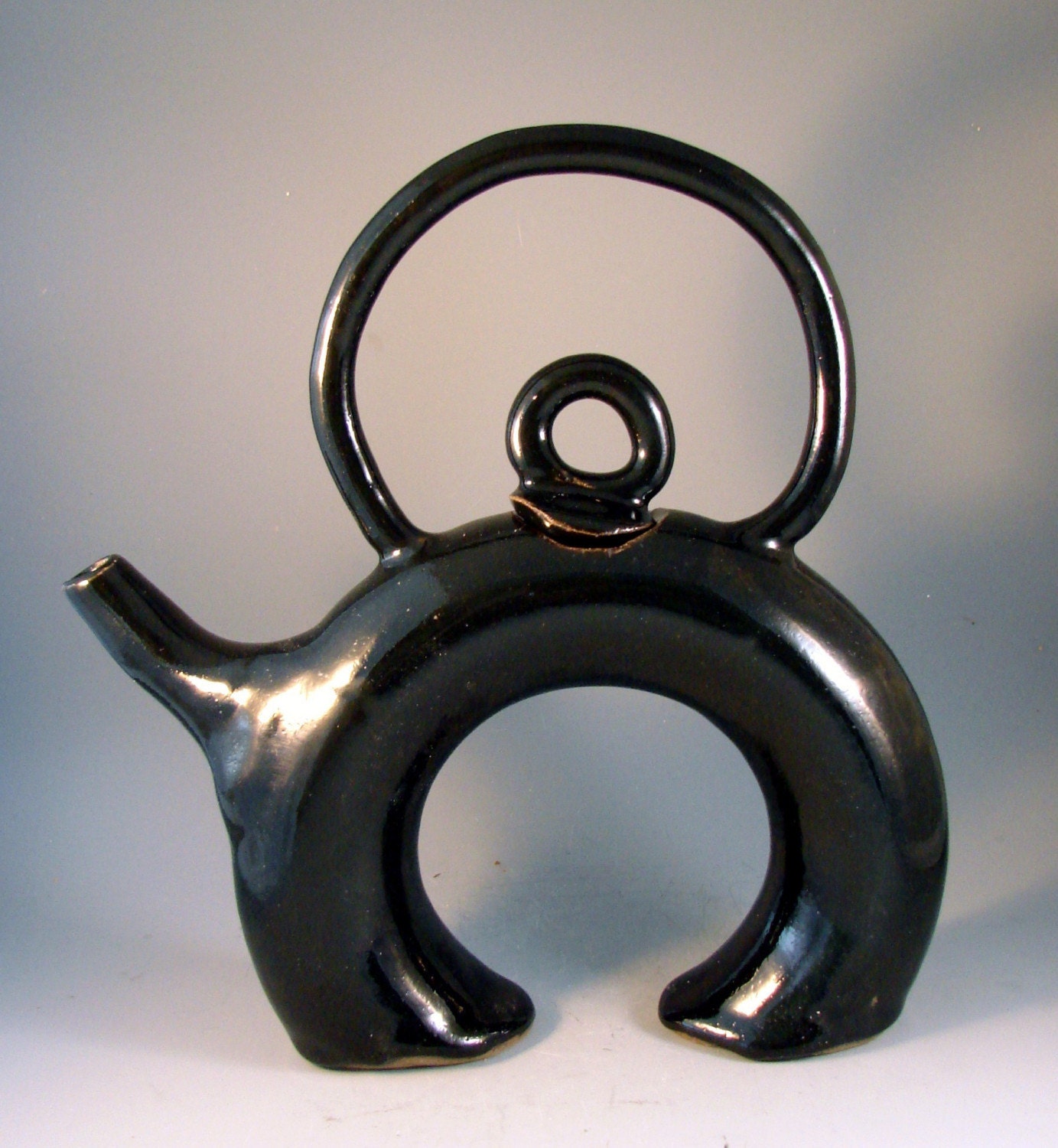 Shiny Black Donut Teapot / Wheel Thrown Stoneware Pottery