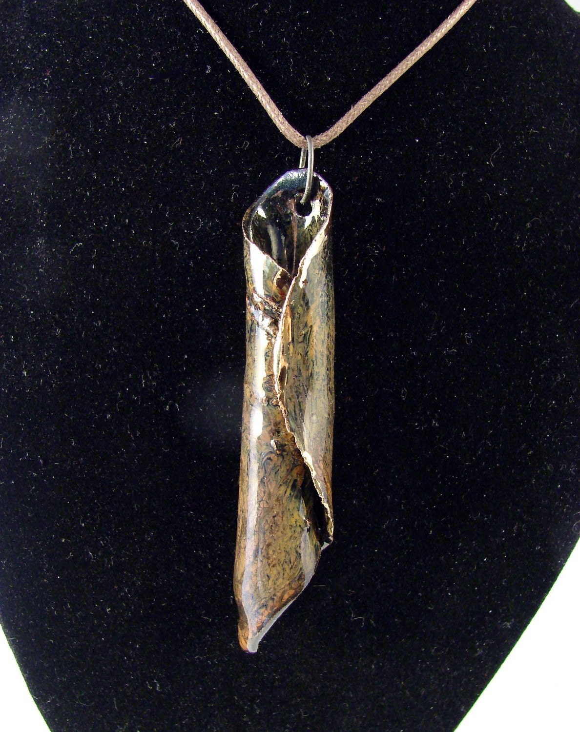 Ceramic Pendant w Gold / Handmade Necklace - Clay Stoneware Charm - Pottery Art Pendant - Ready to Ship