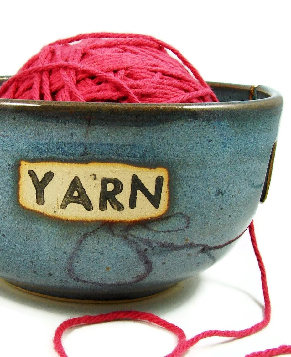 Blue Stoneware Yarn Bowl - Large Ceramic Crochet Holder - Handmade Stoneware Clay Pottery - Wheel Thrown - Ready to Ship