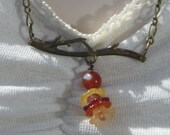 Antique Brass Branch Necklace With Deep Orange Agate Beads and Glass Flowers Free US Shipping