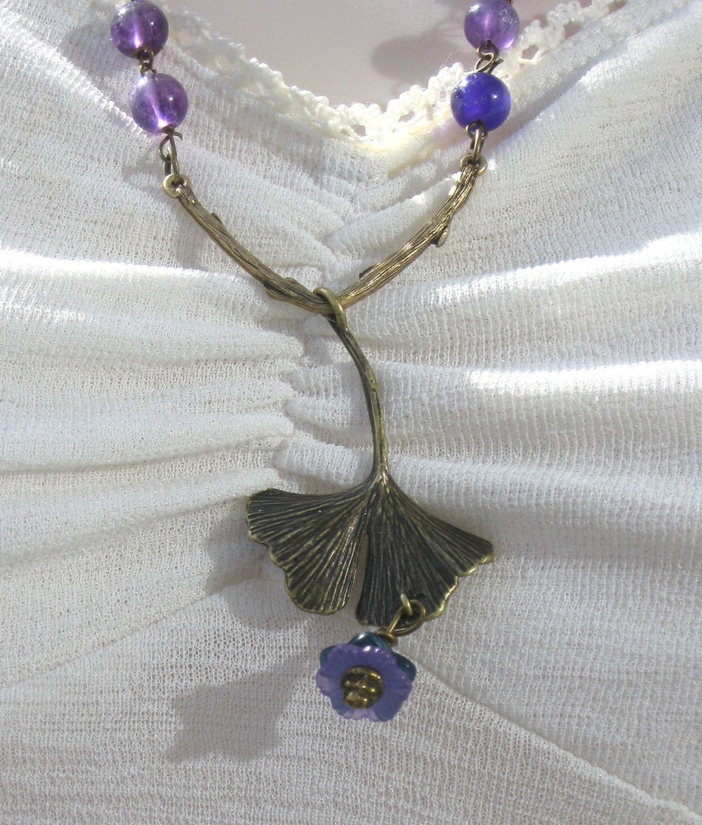 Amethyst Beaded Necklace With Antique Brass Gingko Leaf Pendant-February Birthstone Free US Shipping