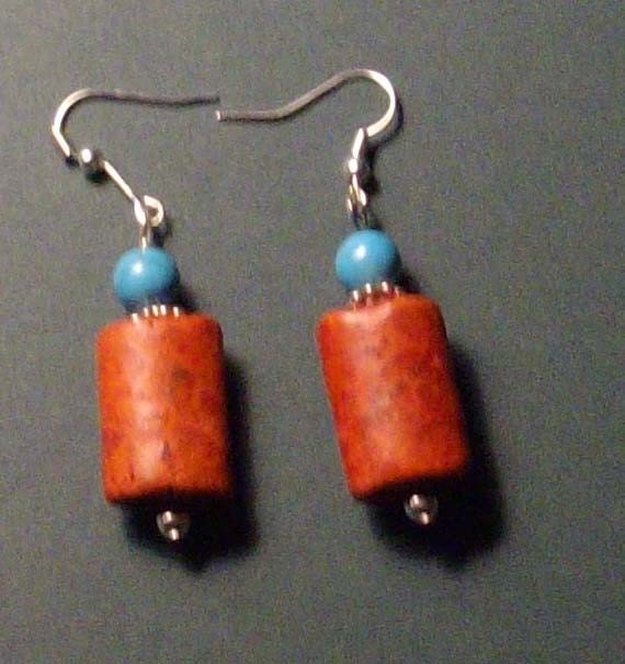 Cool Coral and Turquoise Rectangle Dangle Earrings Free US Shipping