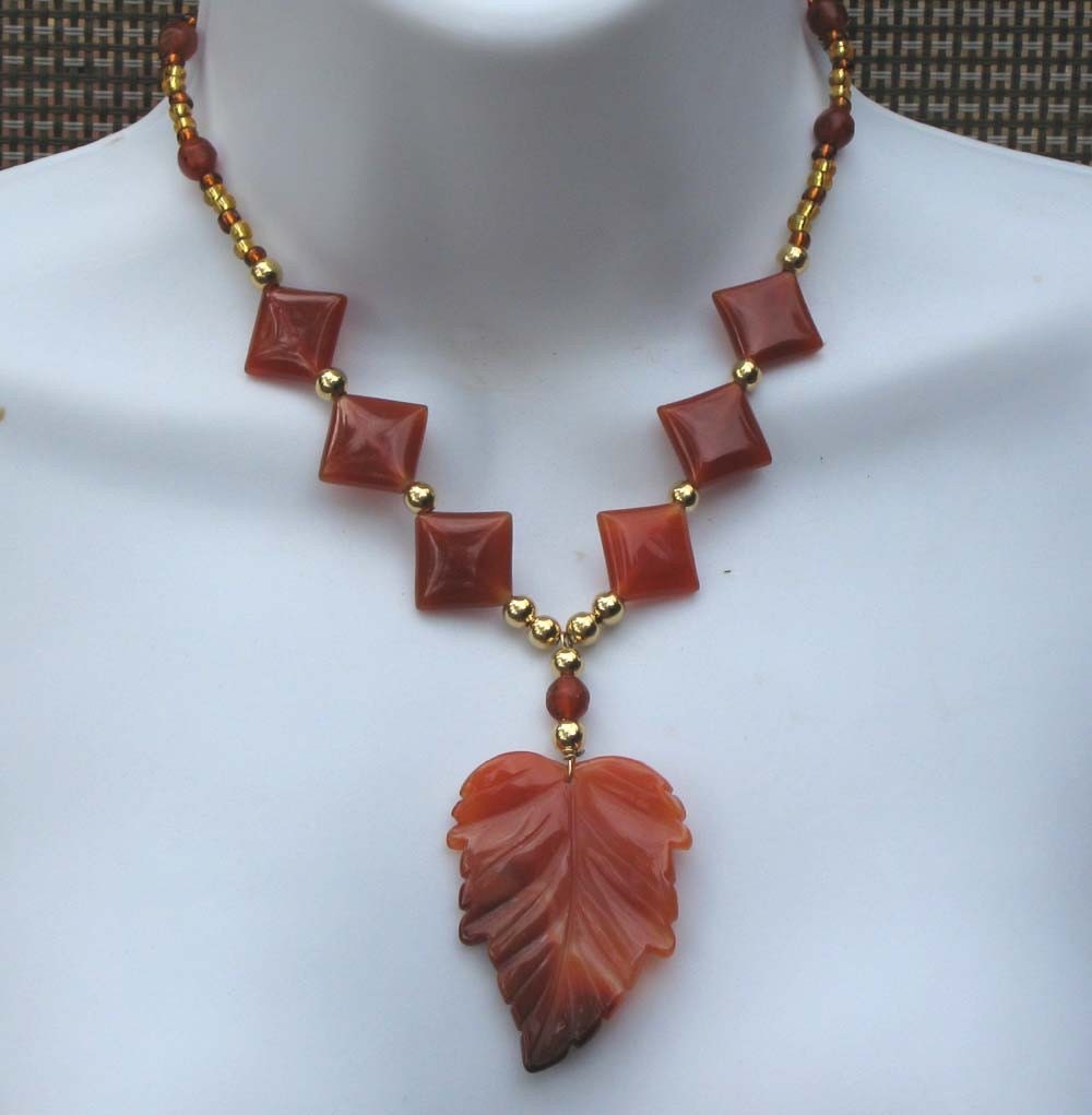 Carnelian Carved Leaf Lovely Necklace Free US Shipping