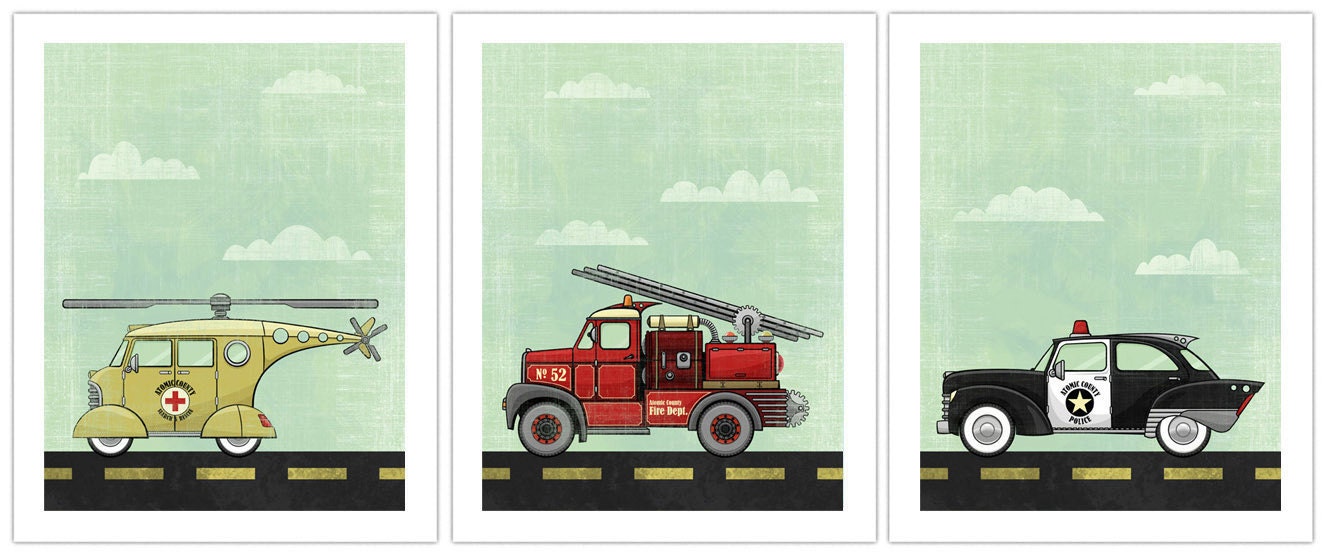 3-pack 11x14 - Fireman, Police, rescue art prints