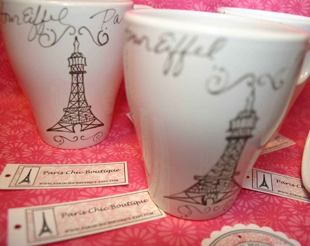 SALE - Paris Cafe Cups Mugs Set of 4 with Eiffel Tower in French