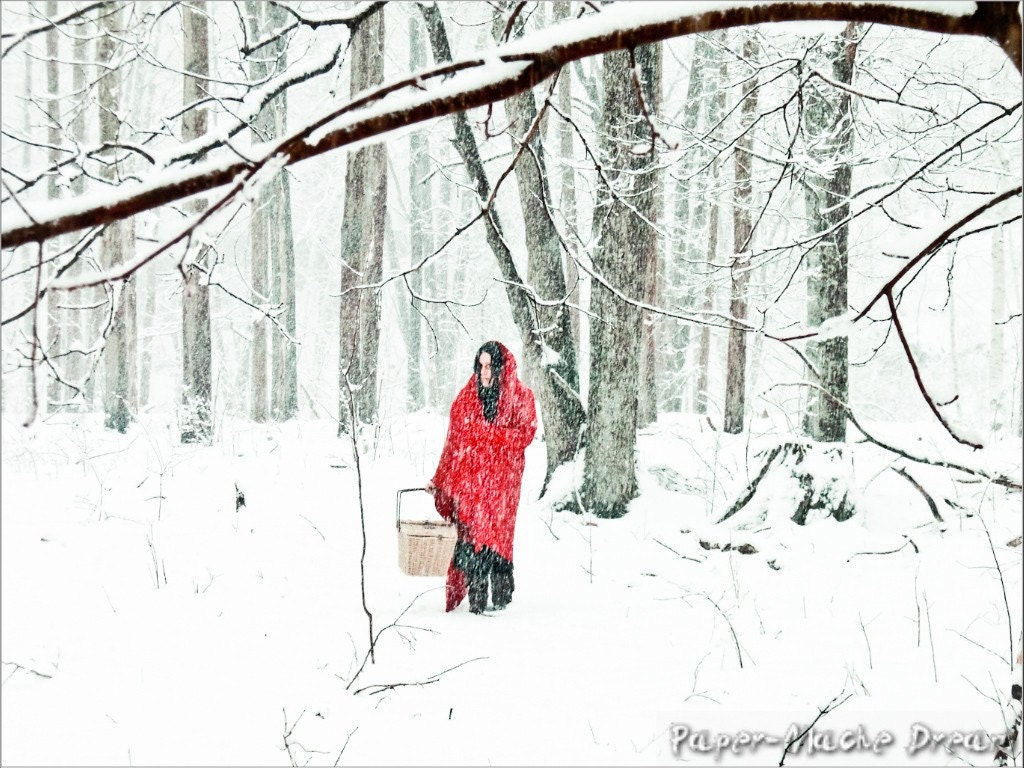 Red Riding Hood Winter photography Lost in the Woods, Red and White Snowflakes Original Photograph, By Paper-Mâché Dream Photography,fPOE