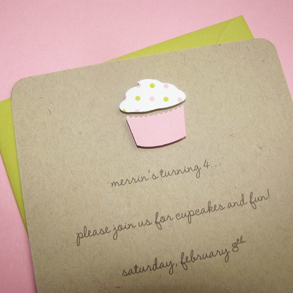 1st birthday invitations - pink and chartreuse polka dot cupcake on recycled kraft stock