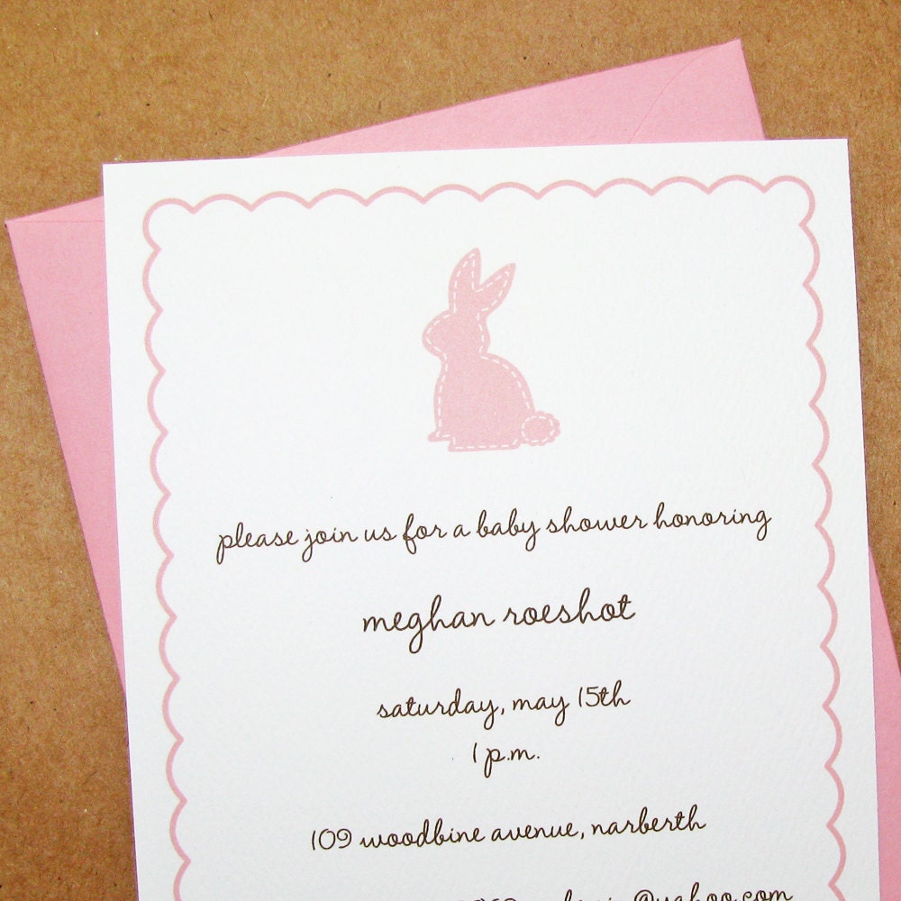 girls baby shower invitation, pink baby bunny, scalloped border, textured, recycled stock - set of 8