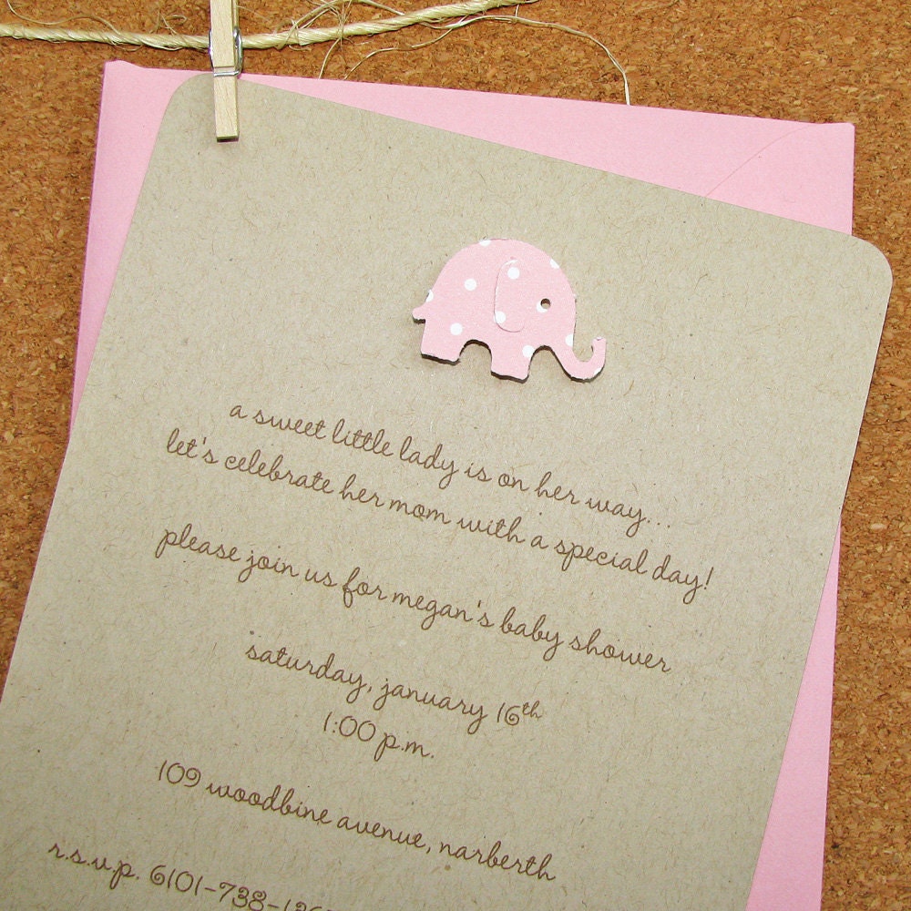 girls baby shower invitation blossom pink polka dot elephant, 100% recycled kraft stock  - set of 8