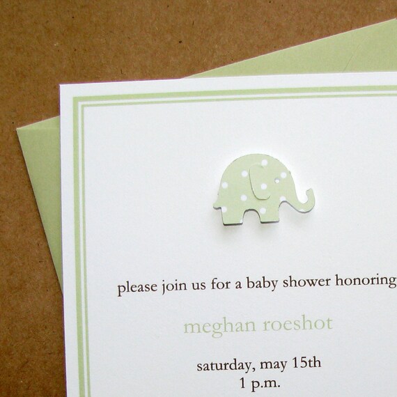 Elephant Baby Shower Invitations, handmade, celery polka dot, heavy ...