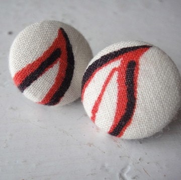 Whitman Earrings, Vintage Fabric, Buttons, Posts, Red, Black, Ivory, Leaves, Modern, Graphic, Print - PenelopeAndAnastasia