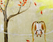 Love Beneath the Chili Pepper Tree (8x10 Print of bird family with two babies on a wire warm colors)