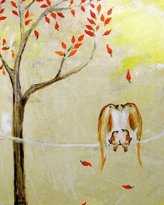 Love Beneath the Chili Pepper Tree (8x10 Print of bird family with two babies on a wire warm colors)