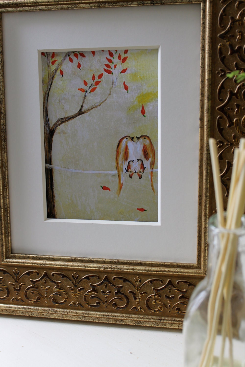 Love Beneath the Chili Pepper Tree (8x10 Print of bird family with two babies on a wire warm colors)