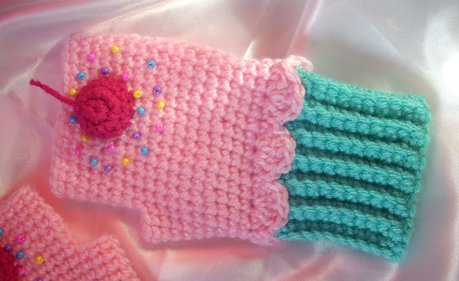 Turquoise Pink Cupcake Sprinkles Cherry Mittens Crochet Fingerless Texting Gloves SHIPS NOW
