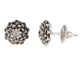 Antiqued Black Dahlia Sterling Silver White VVS Sapphire Stud Earrings Hand Carved