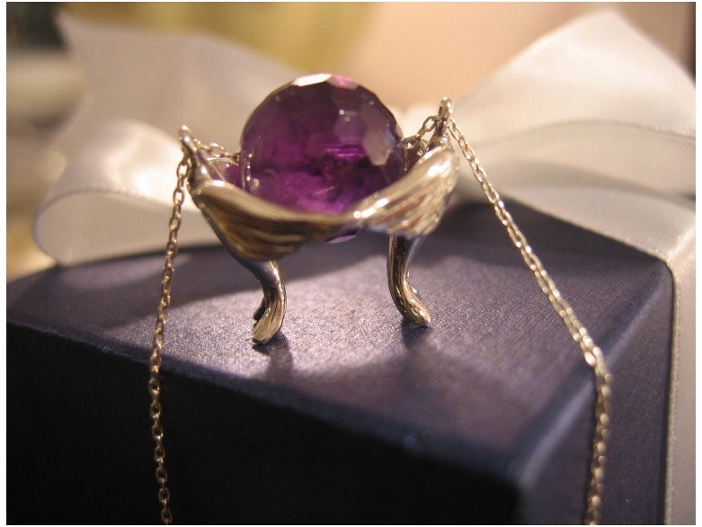 Love Birds Necklace Sterling Silver and Amethyst Faceted Round Floating Stone