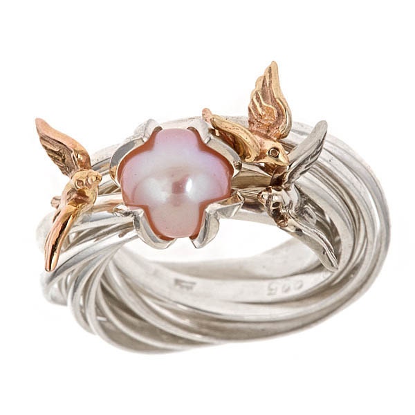 Engagement Nest RIng with Customized Lotus Setting and AAA Pink Freshwater Pearl