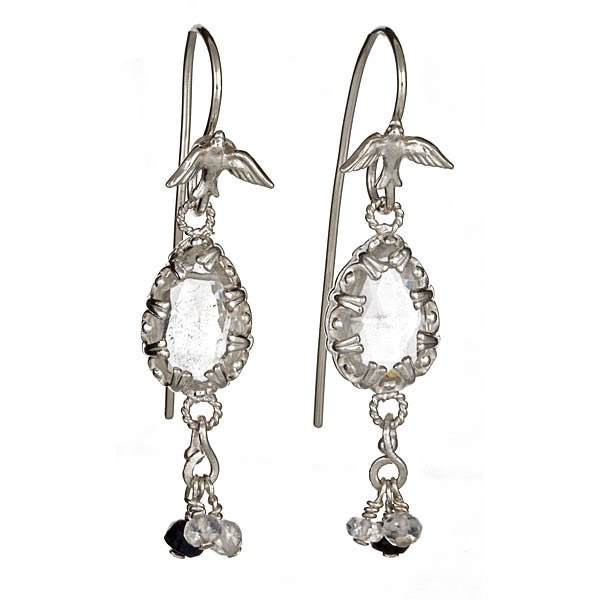 Wedding Earrings Day & Night Swallows Flying to the Heavens Teardrop Sterling Silver Crystal Quartz Chandelier