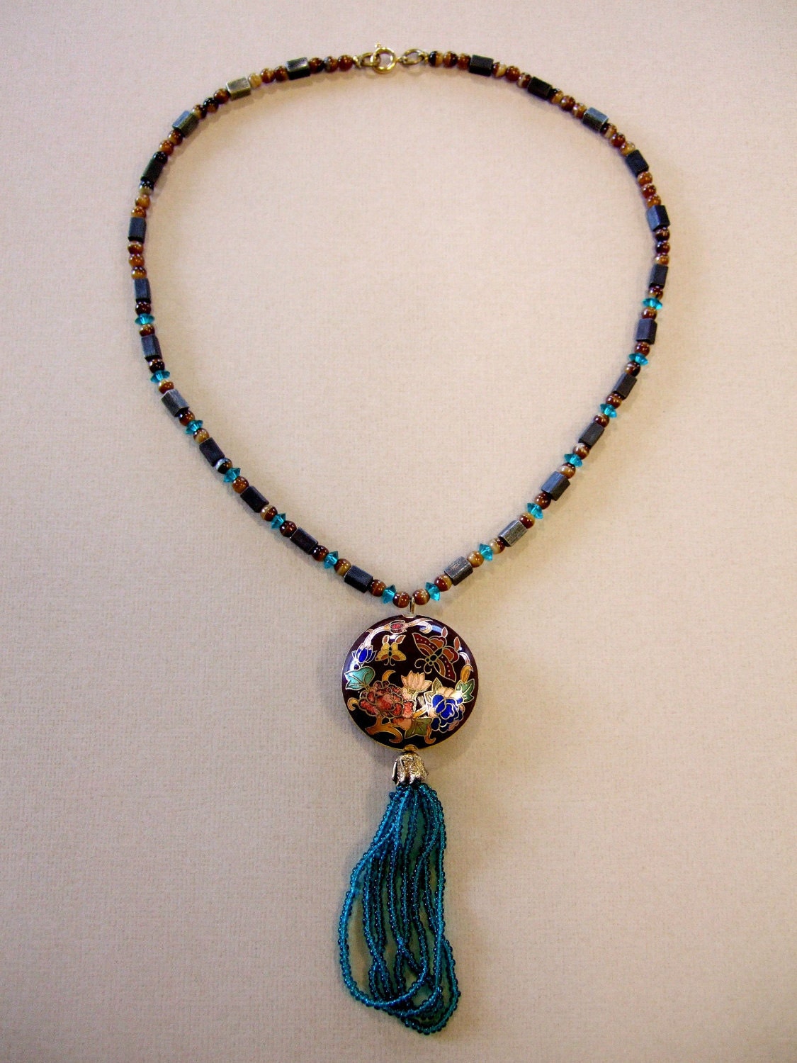 Vintage Cloisonne Pendant Handbeaded Stone Necklace