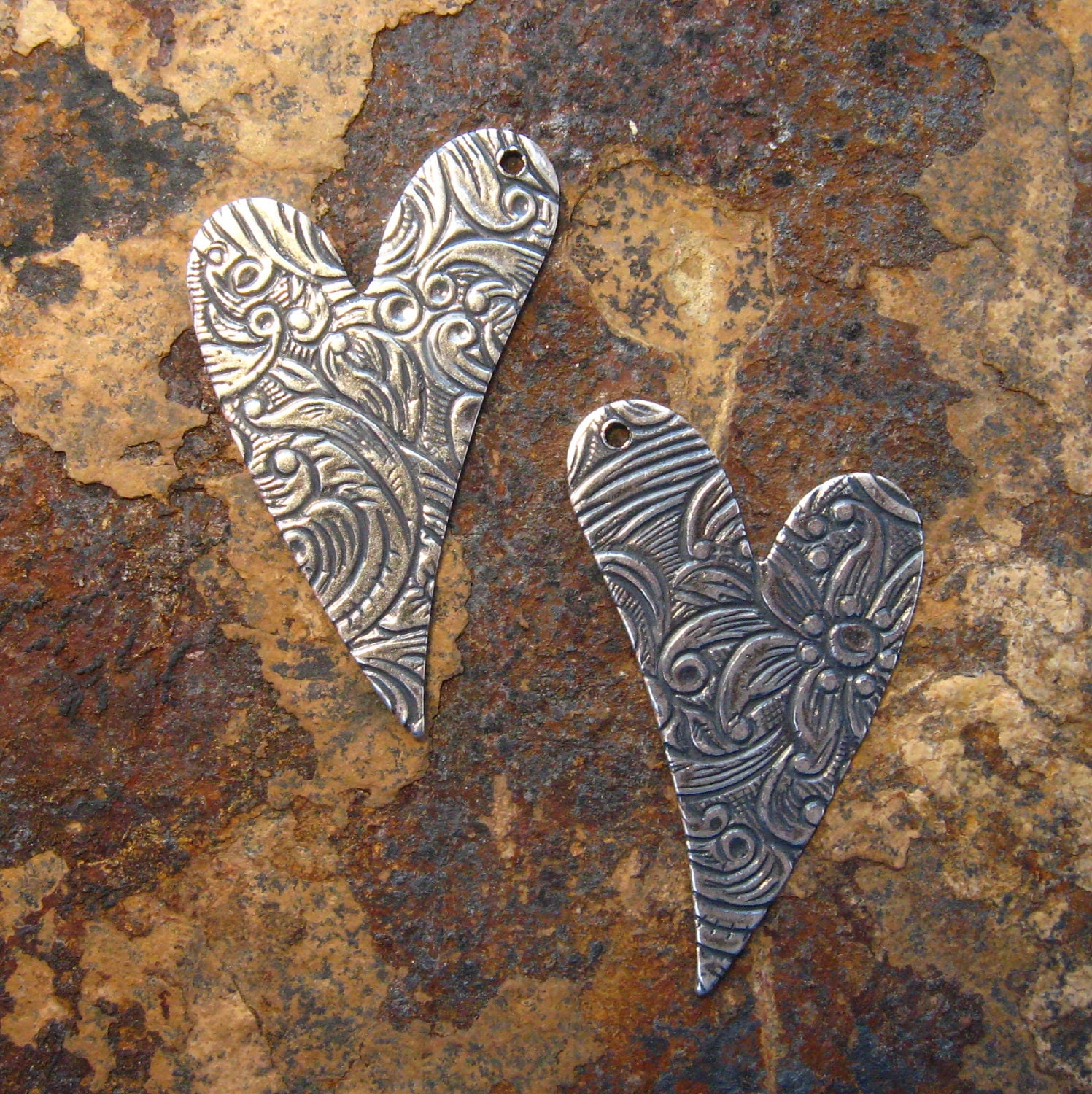 2 Antique Silver Floral Engraved Heart Drop Left and Right Facing -  Trinity Brass LOW SHIPPING
