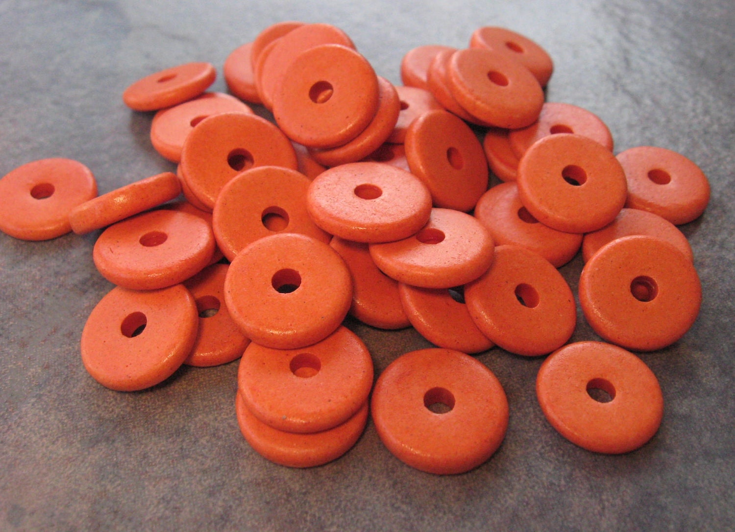 10 Orange Greek Ceramic Beads - 13mm Round Washer Disk Beads