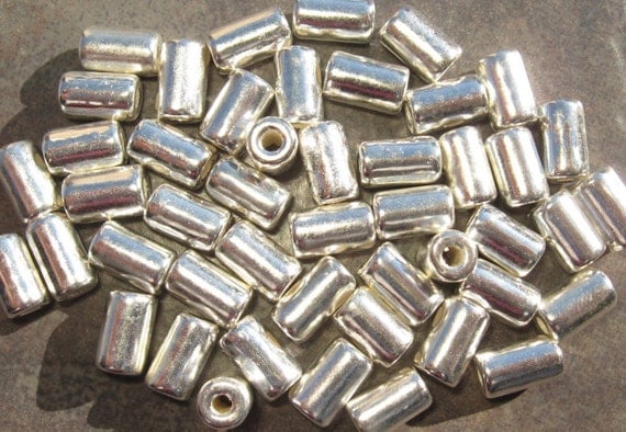 SILVER Mykonos Greek Ceramic Beads SMALL TUBES - Barrels Large Holed Metalized 6x10mm Beads