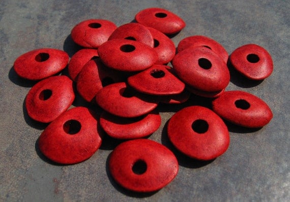 10 RED Mykonos Greek Ceramic 13mm Cornflake Beads