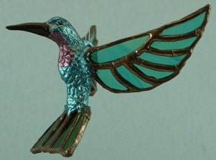 Handmade Magnificent Blue Stained Glass Hummingbird Suncatcher