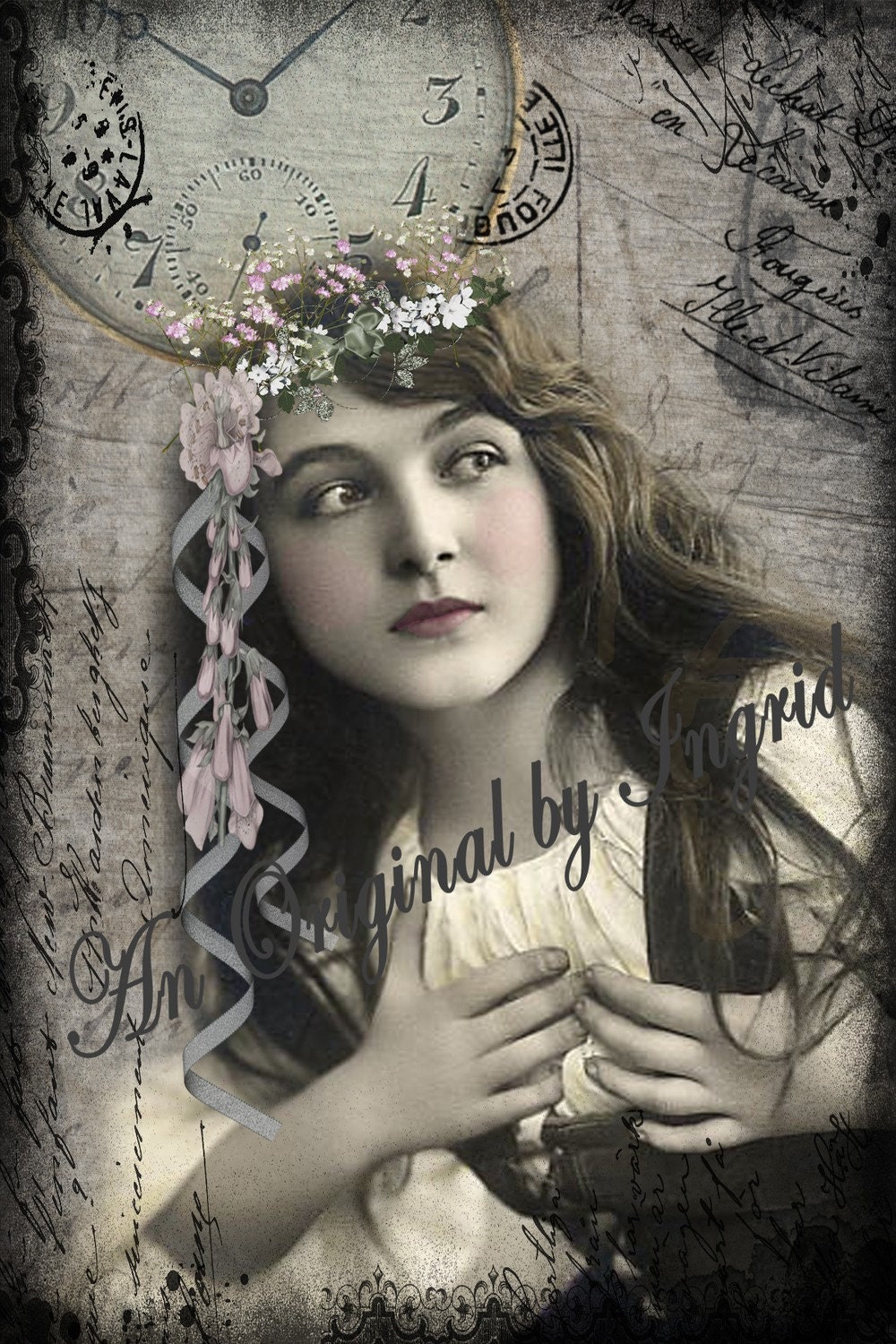 Flowers in Her Hair Digital Collage Greeting Card (Suitable for Framing)