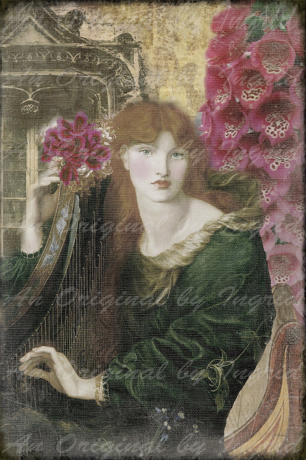 Beauty with Harp Digital Collage Greeting Card (Suitable for Framing)