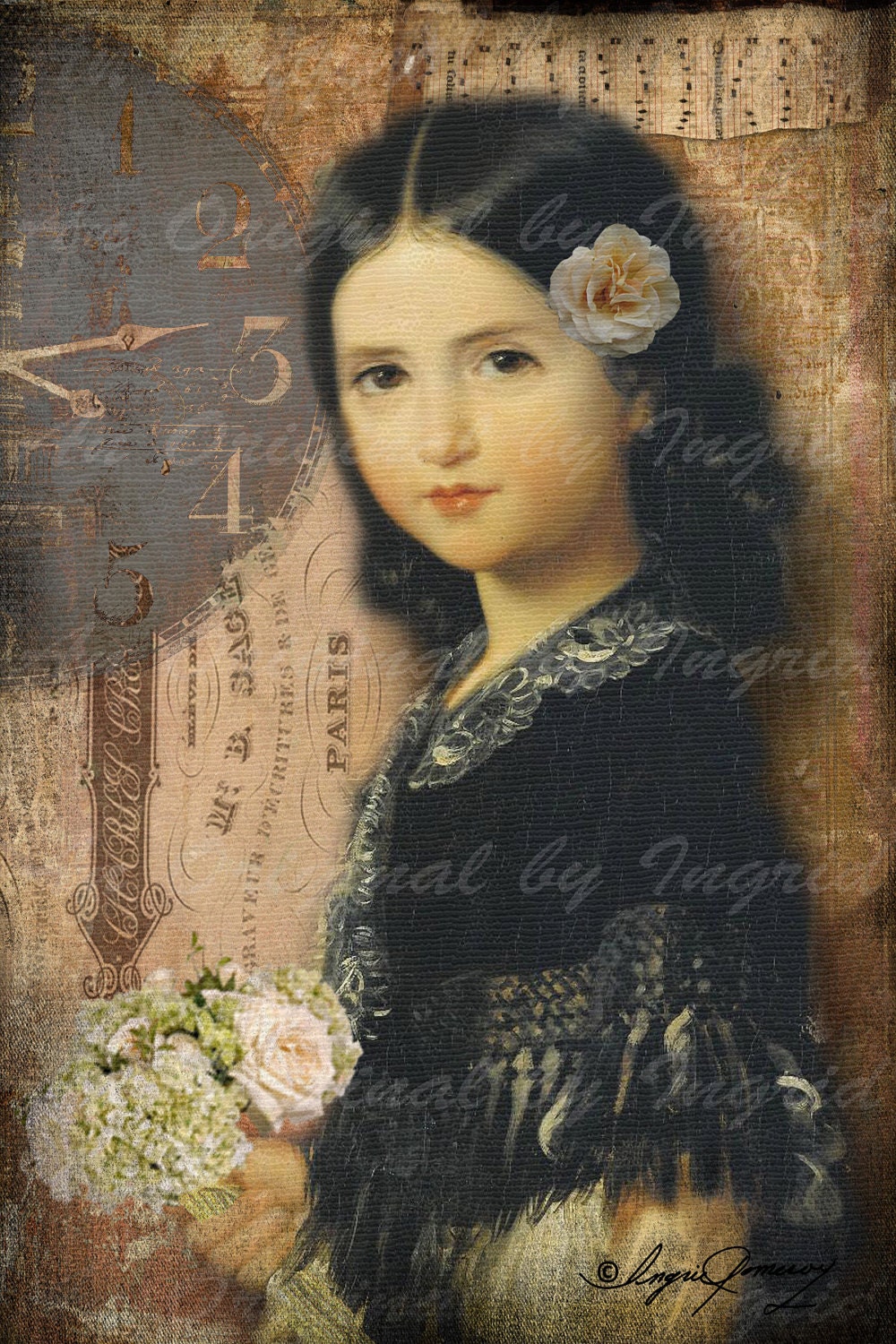 Girl with Black Shawl Digital Collage Greeting Card (Suitable for Framing)