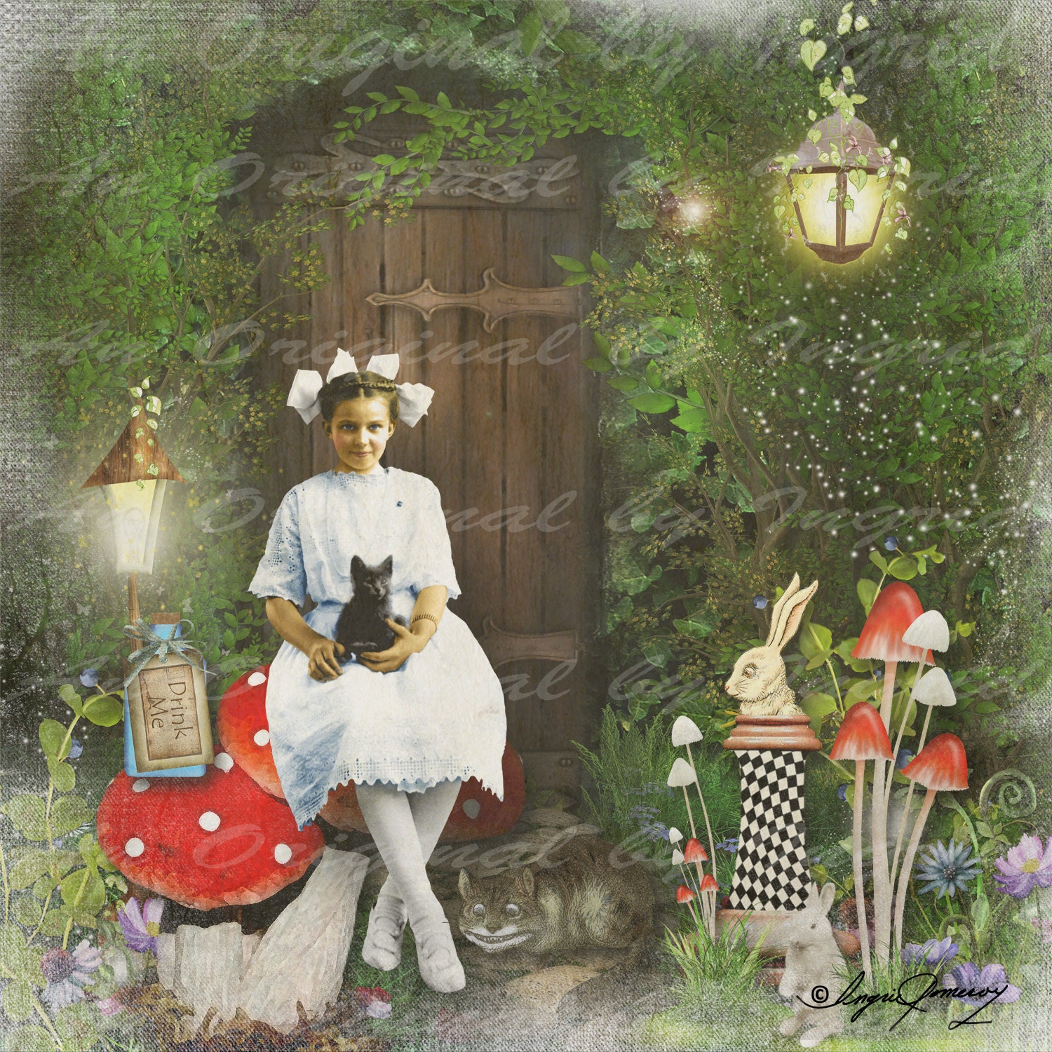 Alice in the Garden Digital Collage Greeting Card (Suitable for Framing)