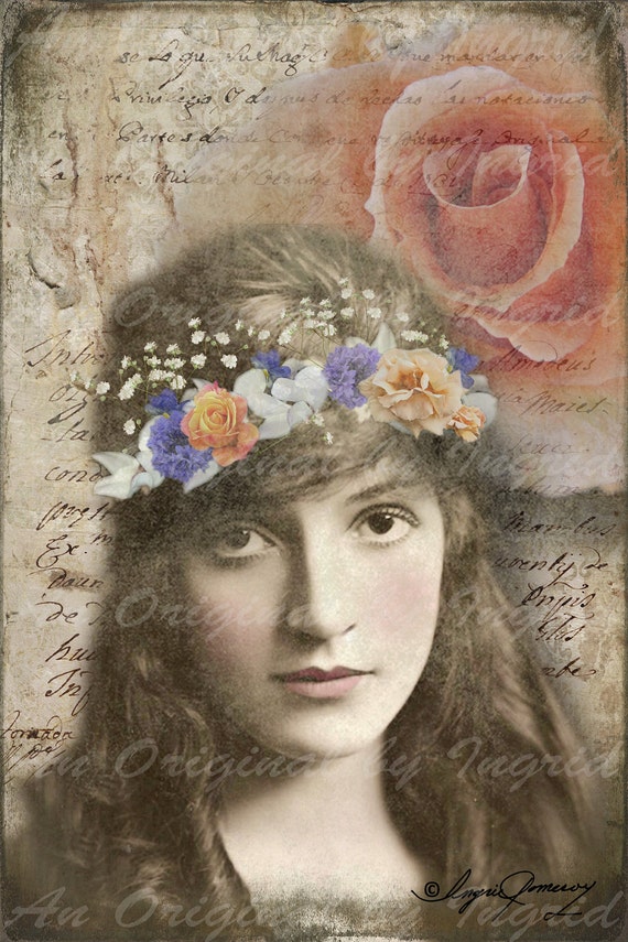 Beautiful Maiden with Hair Garland Digital Collage Greeting Card (Suitable for Framing)