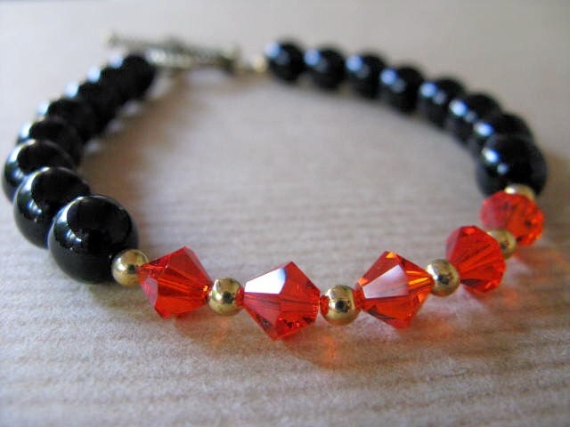Black Onyx and Orange Swarovski Crystal Beaded Bracelet