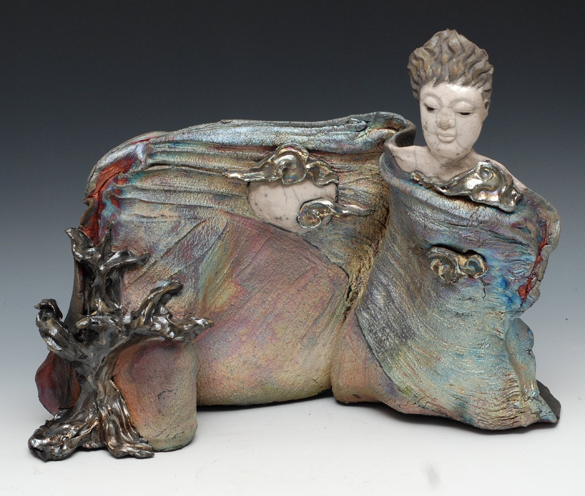 Kwan Yin Goddess in Landscape With Moon Clouds and Tree in Raku Ceramics Sculpture