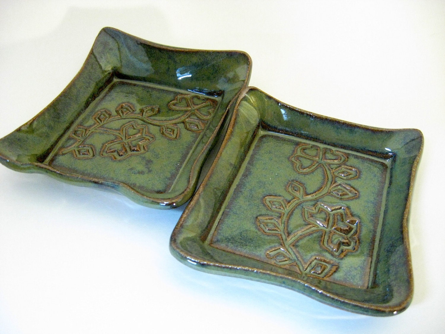 Square Plates in Green with Flower Design READY TO SHIP