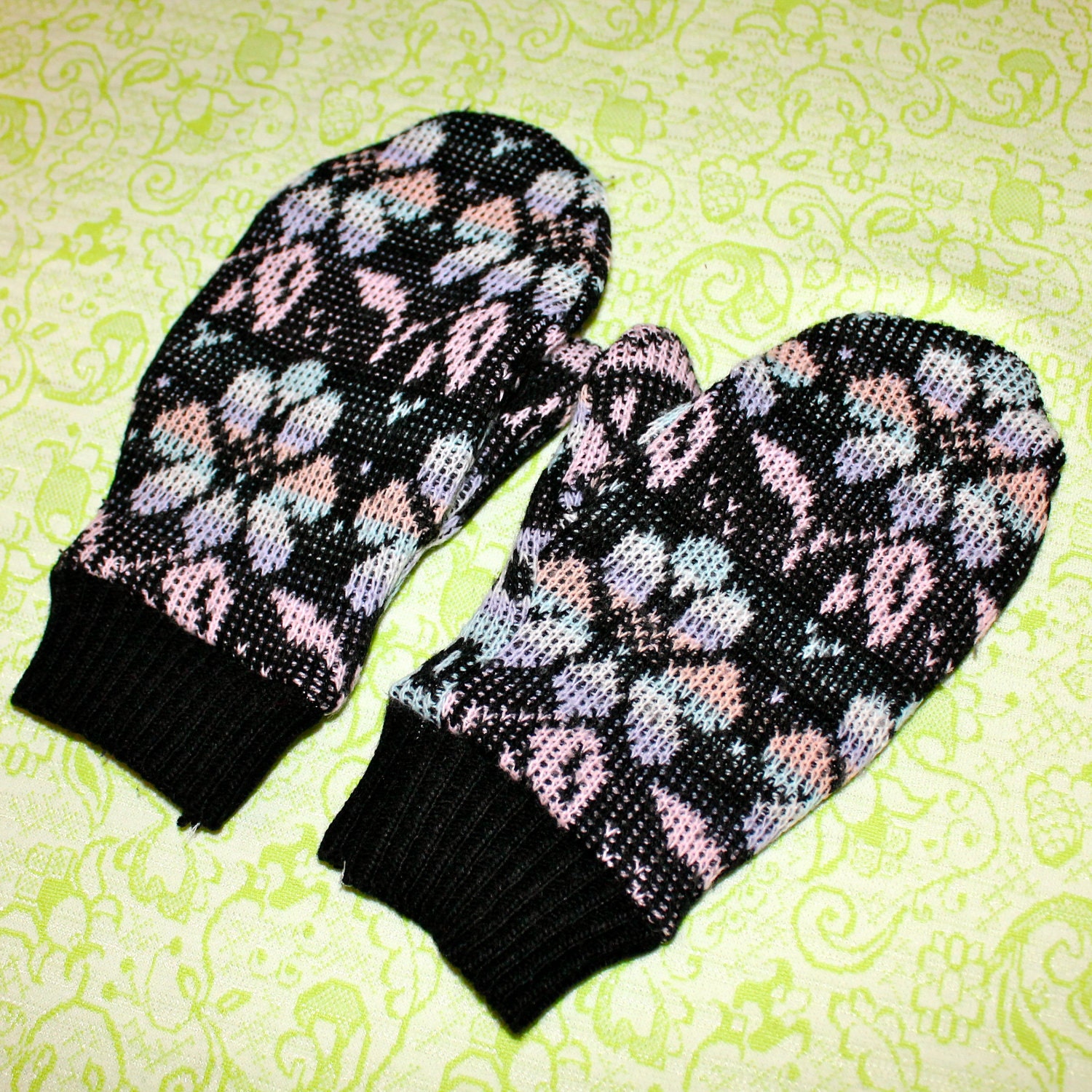 pastel rainbow floral sweater mittens