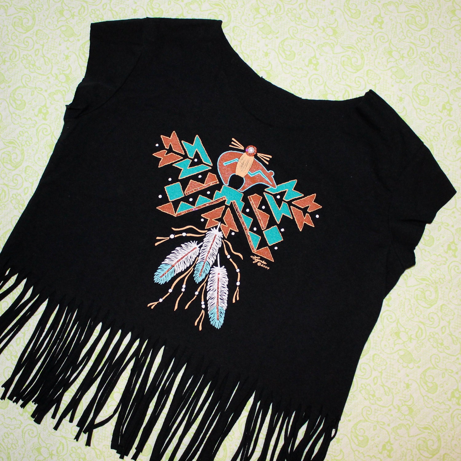 black feather aztec fringe crop top