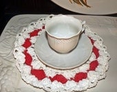 Red and White cotton doily, perfect under a teapot or tea cup
