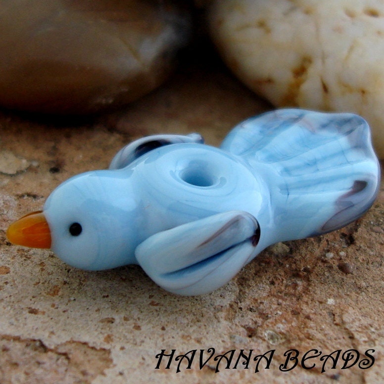 BLUE And BROWN BIRDIE - Handmade Lampwork Bird