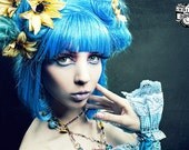 Halloween Wig Blue Hawaiian Dreams Big Gothic boudoir fancy up do with flowers Fairytale Hair Nurse Lana.