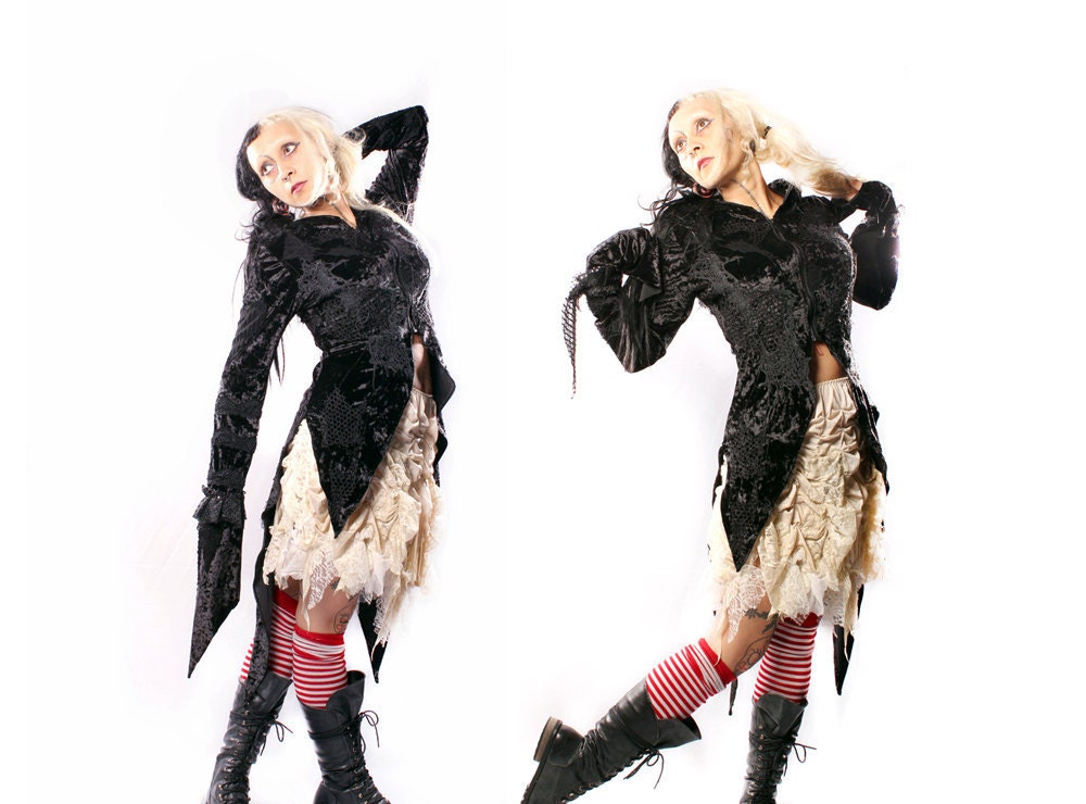 Tattered Tail Coat, Gothic Coutture Black Hoodie Steampunk Formal lightweight Jacket Dark Victorian Fairytale patchwork velvet Witchy OOAK