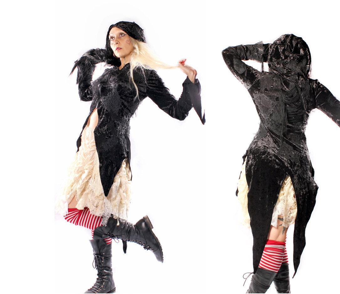 Victorian Tail Coat, Black long sleeve Hoodie Gothic Funeral Steampunk Formal lightweight Jacket Fairytale patchwork velvet Witchy OOAK