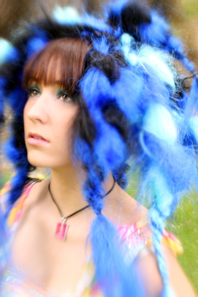 Gothic Lolita Doll Hair Big Blue Black braided dread Ponytail FALLS - long ragdoll Hair Hairstyle Headpiece