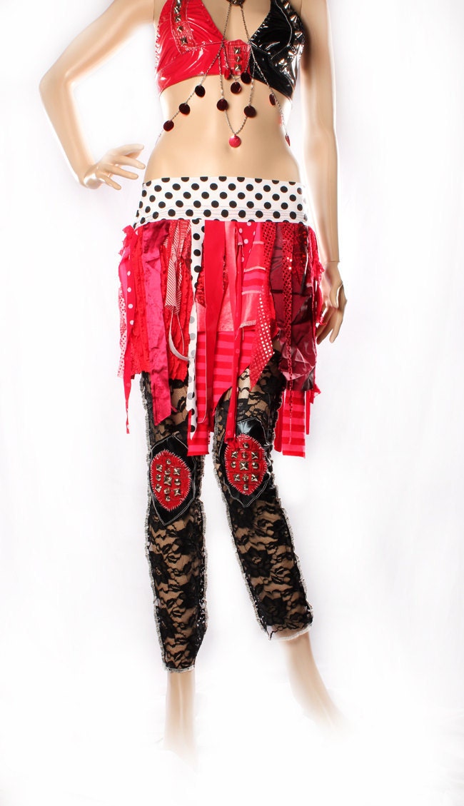 Red Tattered Mini Skirt Gothic Hippy Boho Shimmy Colorful carnival stripes Witchy black white polka dot stripes Small