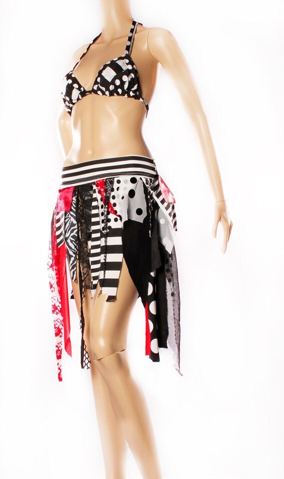 Carnival Mini Skirt - classic circus colors Black White Red striped polka dots Tattered skirt pirate Witchy sparkly Layer Small Medium