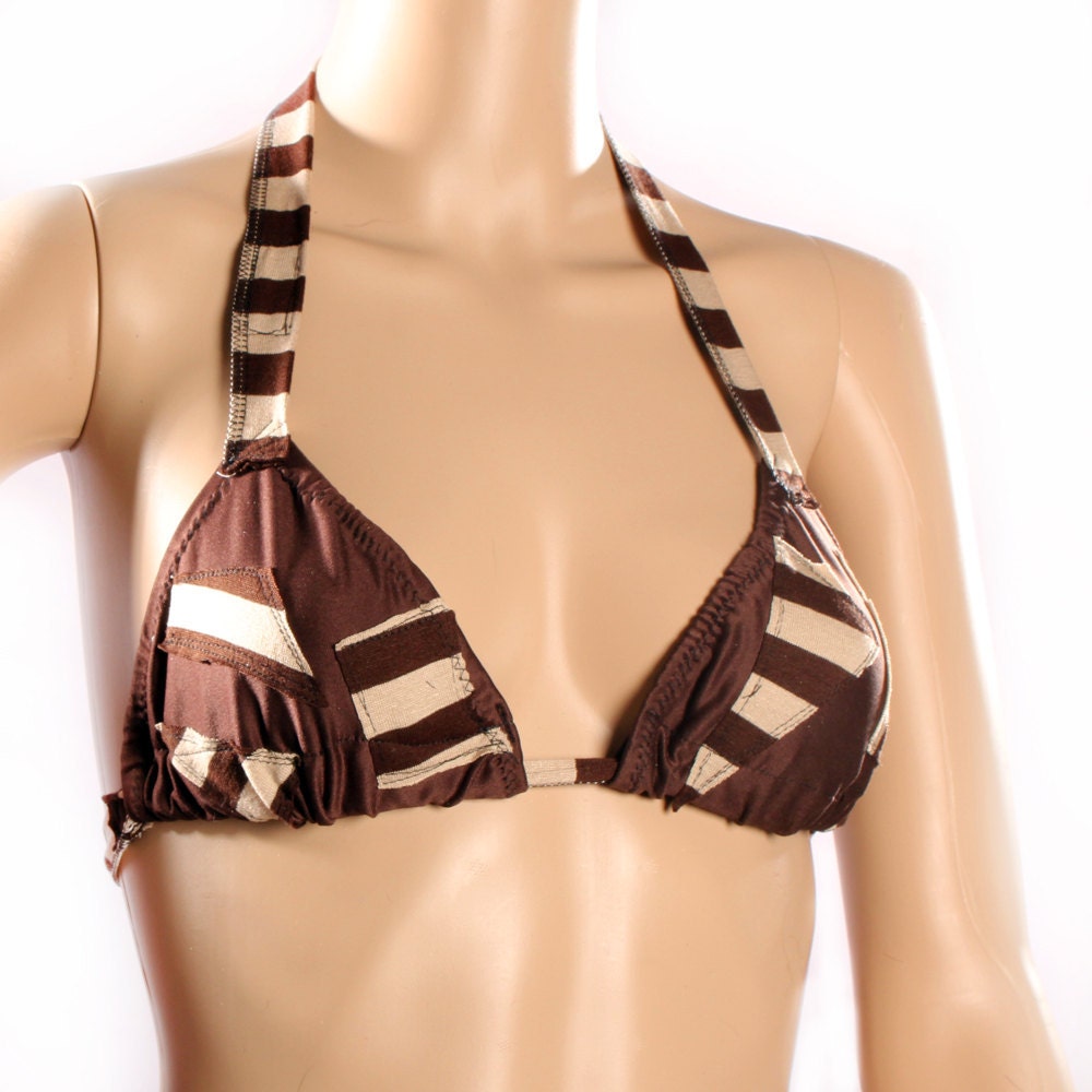 Playa Bikini Top, string bikini Brown Cream pactwork carnival stripes, woodland tree fairy Summer Festivals Hatler Top Small