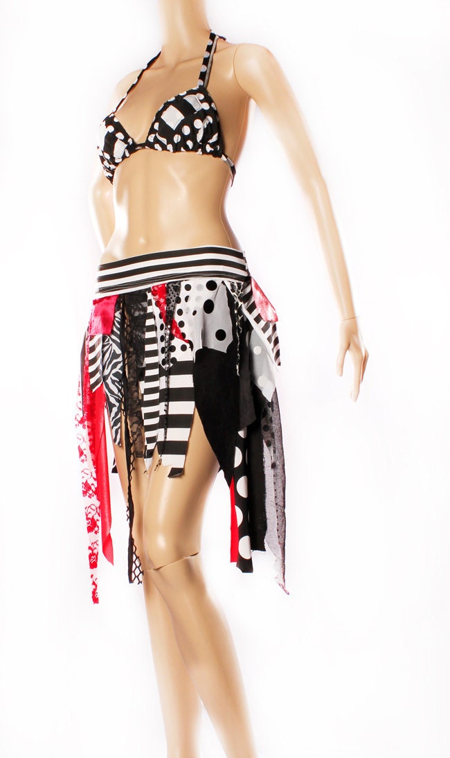 Carnival Mini Skirt - classic circus colors Black White Red striped polka dots Tattered skirt pirate Witchy sparkly Layer Small Medium