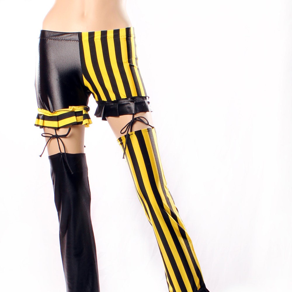 Metal Garter Pants - Skinny Jeans leggings Black yellow Stripes Low Waist Punk Spandex Shorts mismatching Sexy legs leather looking